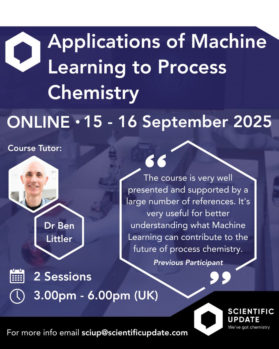 Applications of Machine Learning in Process Chemistry

🚀 Unlock the Power of Machine Learning in Process Chemistry! 🧪🤖
Join Dr Ben Littler online, 15–16th September for a hands-on introduction to Applications of Machine Learning in Process Chemistry.

🔍 Learn how ML is