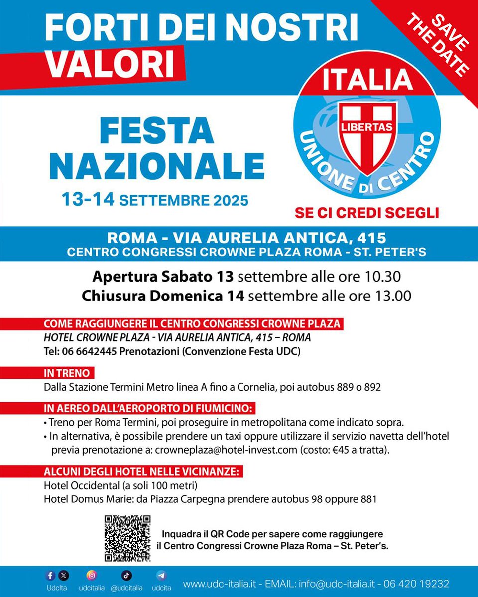 Unione Di Centro (@udcita) on Twitter photo 📌 SAVE THE DATE
🇮🇹 FESTA NAZIONALE UDC
📍 Roma, Crowne Plaza St. Peter’s
📅 13-14 Settembre 2025
Due giorni per confrontarci e costruire il futuro del Paese, insieme.
🕥 Sabato h10.30 – Domenica h13.00
👉 info: udc-italia.it/festa-nazional…
#FestaNazionaleUDC #UDC #CentroDestra 📌 SAVE THE DATE
🇮🇹 FESTA NAZIONALE UDC
📍 Roma, Crowne Plaza St. Peter’s
📅 13-14 Settembre 2025
Due giorni per confrontarci e costruire il futuro del Paese, insieme.
🕥 Sabato h10.30 – Domenica h13.00
👉 info: udc-italia.it/festa-nazional…
#FestaNazionaleUDC #UDC #CentroDestra