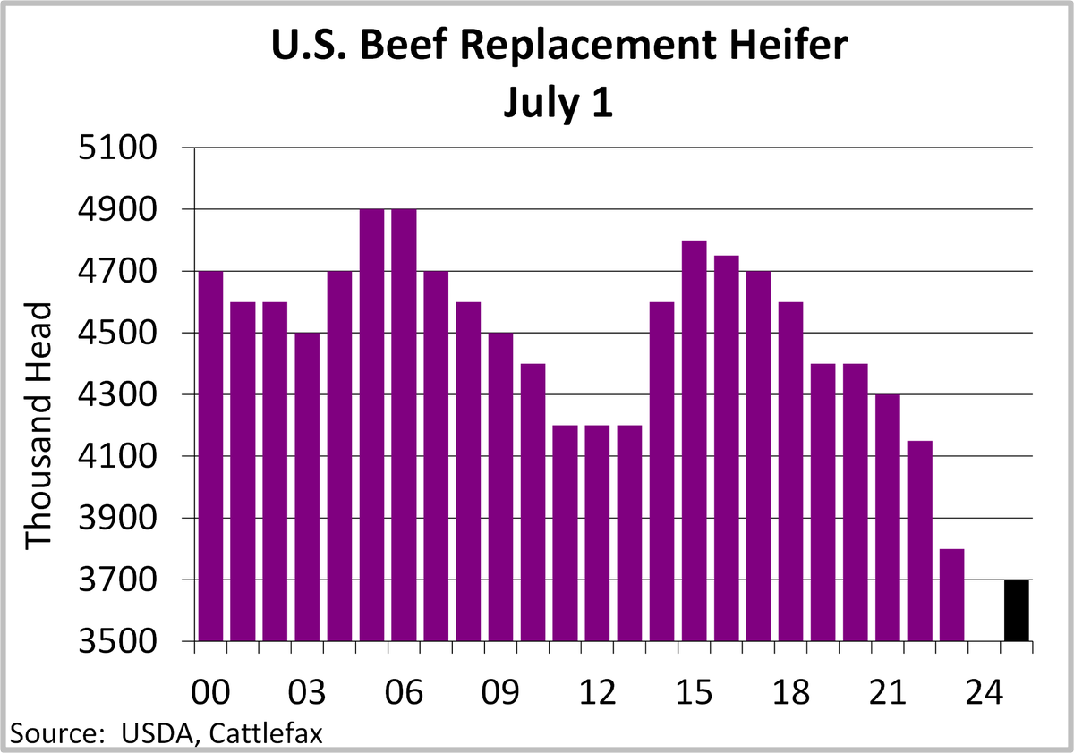 In addition to US beef cows being at their lowest point on record, beef replacement heifers (3.7 mm hd) are also the smallest on record - ↓2.6% from ‘23 &amp; ↓23% from ’15 high.

Learn more👉: canfax.ca

#CanfaxMarket #CattleFacts #CDNag #BeefProduction #CanadianBeef