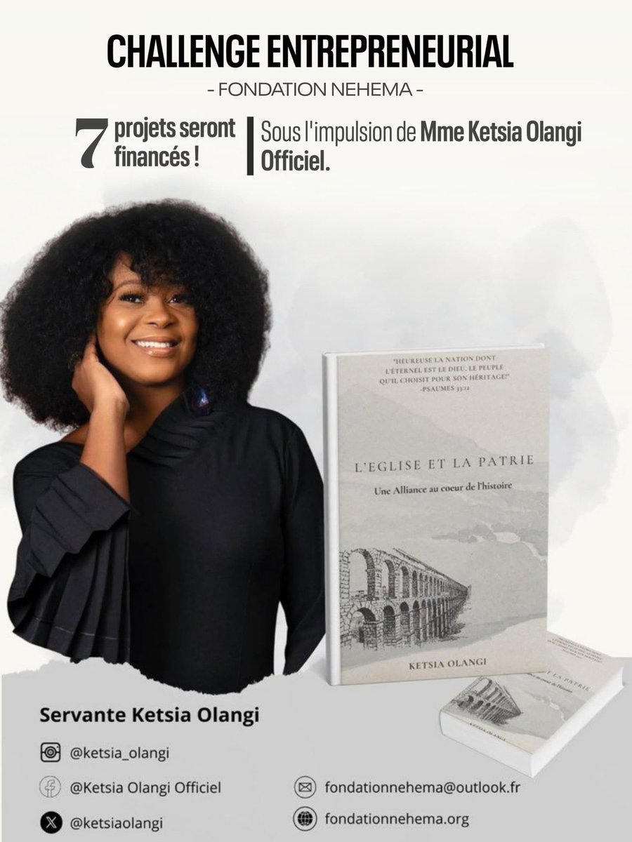 CHALLENGE ENTREPRENEURIAL – FONDATION NEHEMA : 7 projets seront financés !* 🌿💼

Sous l'impulsion de Mme *Ketsia Olangi Officiel*, la *Fondation Nehema* lance un ambitieux *challenge digital* à travers les réseaux sociaux *X* (ex-Twitter) et *Facebook*, avec pour objectif de