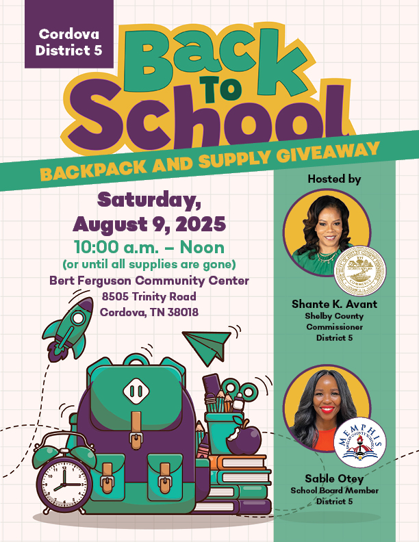 Shelby County Board of Commissioners (@sccommission901) on Twitter photo 🎒📚Join Commissioner <a href="/ShanteAvant/">Shante Avant</a> & School Board Member Sable Otey for the Back to School Backpack and Supply Giveaway!
📍Aug 9 | Bert Ferguson Community Center
🕛Giveaway from 10 a.m. - Noon
Supplies are limited, so be sure to arrive early! #BackToSchool #SchoolSupplies 🎒📚Join Commissioner <a href="/ShanteAvant/">Shante Avant</a> & School Board Member Sable Otey for the Back to School Backpack and Supply Giveaway!
📍Aug 9 | Bert Ferguson Community Center
🕛Giveaway from 10 a.m. - Noon
Supplies are limited, so be sure to arrive early! #BackToSchool #SchoolSupplies