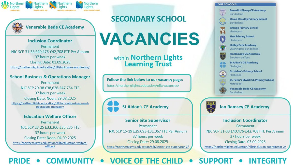 See below our current Secondary School job opportunities within Northern Lights Learning Trust!