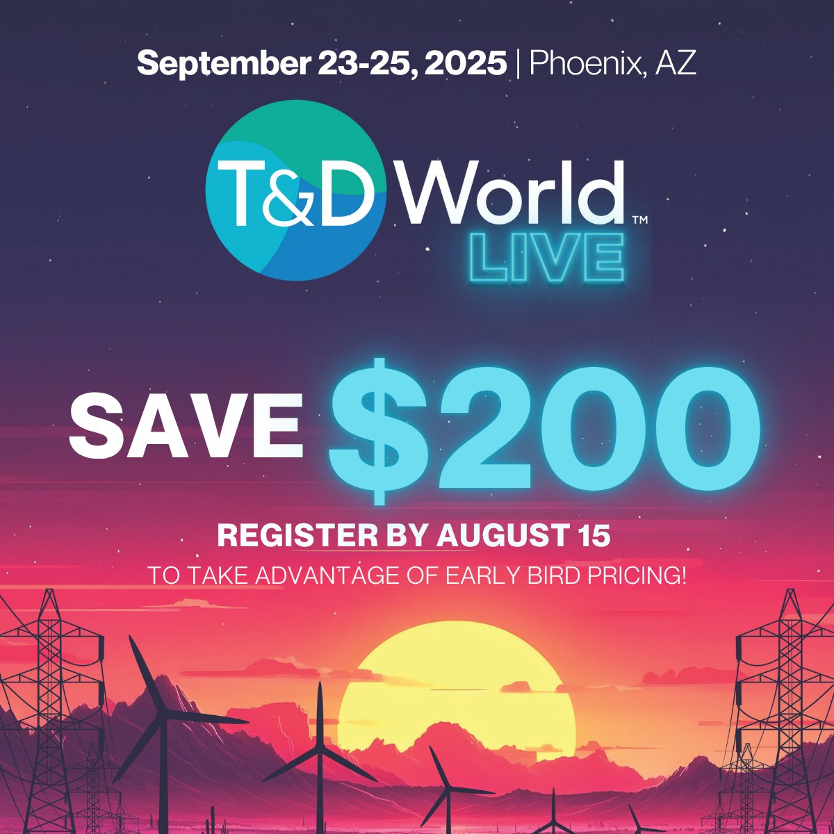 ⏳ Time is running out to save $200 on your T&amp;D World Live registration!

Early bird pricing ends August 15 — don’t wait to reserve your spot at the top event for grid professionals.

👉 Sign up here: events.tdworld.com/2025

#UtilityConference #TDWorldLive #GridResilience