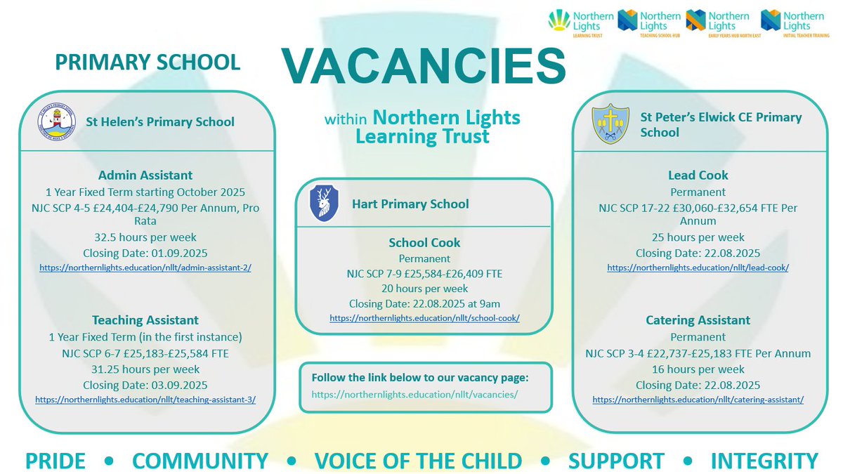See below our current Primary School job opportunities within Northern Lights Learning Trust!