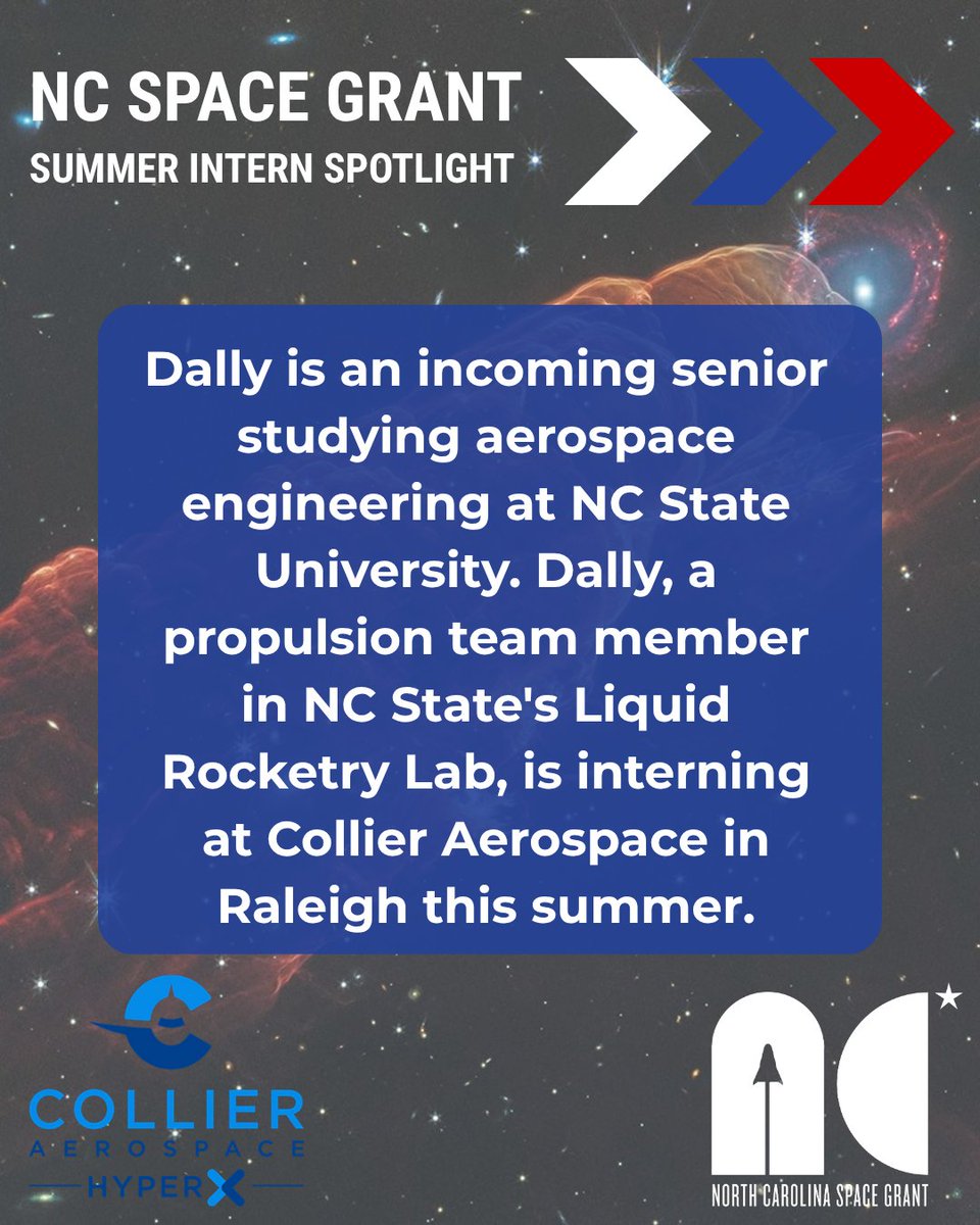 North Carolina Space Grant (@ncspacegrant) on Twitter photo For our seventh intern post, we're spotlighting Cora Dally, an aerospace engineering student at <a href="/NCState/">NC State University</a>. Dally is interning at <a href="/collieraero/">Collier Aerospace</a> this summer! For our seventh intern post, we're spotlighting Cora Dally, an aerospace engineering student at <a href="/NCState/">NC State University</a>. Dally is interning at <a href="/collieraero/">Collier Aerospace</a> this summer!