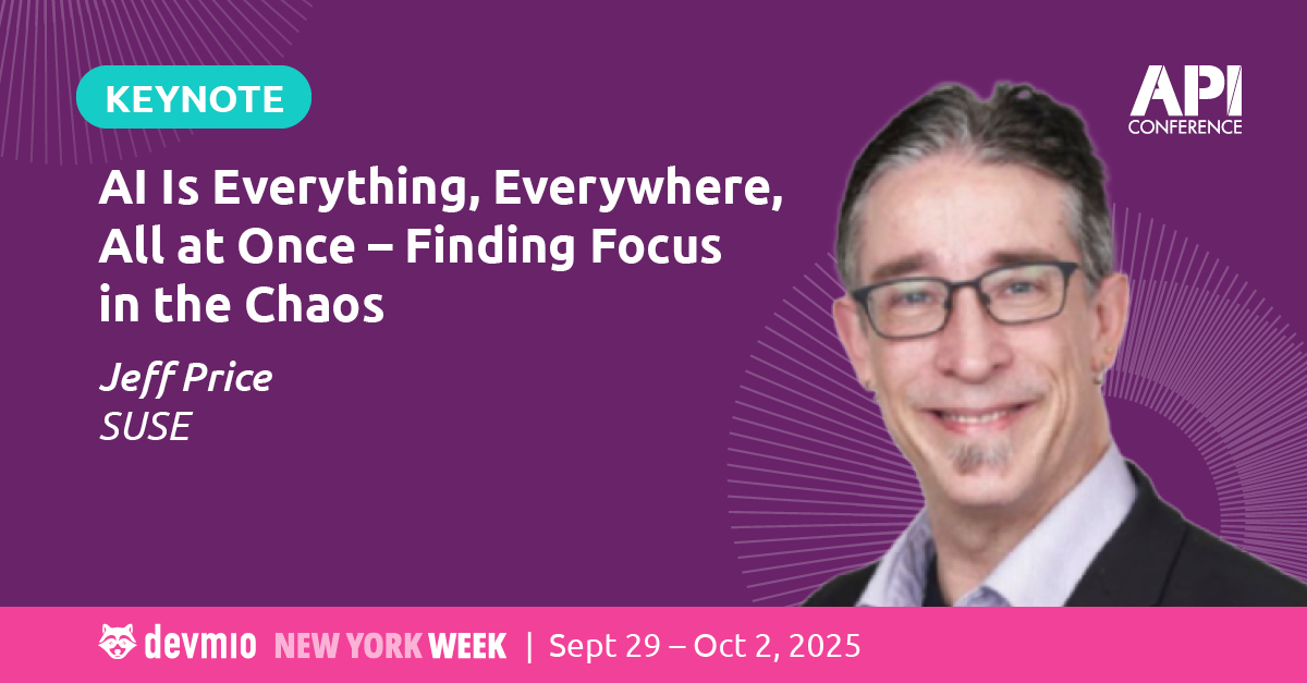 api_conference's tweet image. 🤖 AI is booming—but is your platform strategy focused or chaotic?
Join Jeff Price (Field CTO, SUSE) at #APIConference Berlin to learn how to turn scattered AI tools into a unified, value-driven platform strategy.
📅 Oct 20–22
🔗 apiconference.net/api-plattforms…
#devmio #APIStrategy #AI
