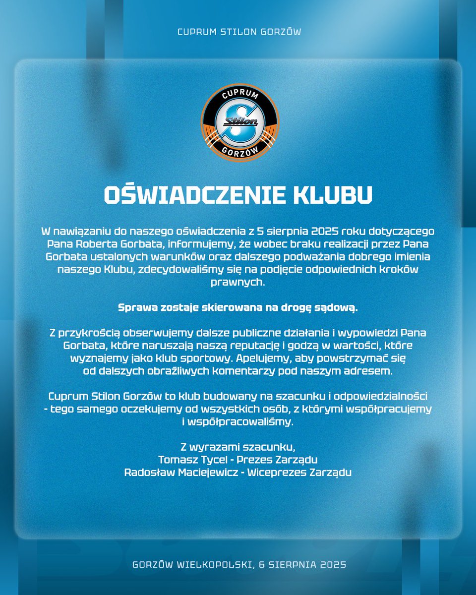 Oświadczenie Klubu Cuprum Stilon Gorzów [6.08.2025].

🔗 stilongorzow.com/aktualnosci/os…