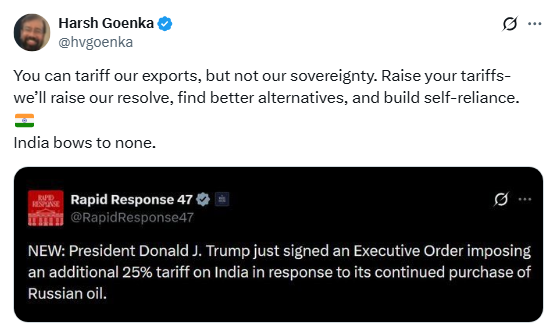 NDTVProfitAlpha's tweet photo. You can tariff our exports, but not our sovereignty, writes Harsh Goenka after #DonaldTrump to impose additional 25% tariff on goods from India.

#TrumpTariff

Read: https://t.co/9XwEAej1tX https://t.co/khTcSiJb51