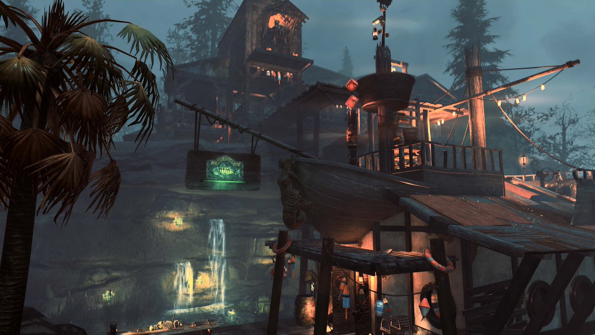 Fallout's tweet photo. 🏴‍☠️ Congrats to DumplinHead, winner of the Advanced Fishing C.A.M.P. category with their epic build, Pirate's Cove!

A shipwrecked stronghold carved into rocky cliffs, where adventure awaits. #Fallout76 https://t.co/ANn2W1QAD4