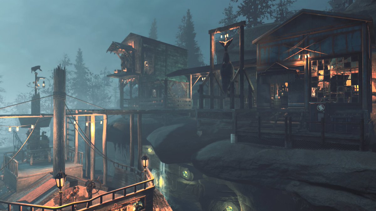Fallout's tweet photo. 🏴‍☠️ Congrats to DumplinHead, winner of the Advanced Fishing C.A.M.P. category with their epic build, Pirate's Cove!

A shipwrecked stronghold carved into rocky cliffs, where adventure awaits. #Fallout76 https://t.co/ANn2W1QAD4