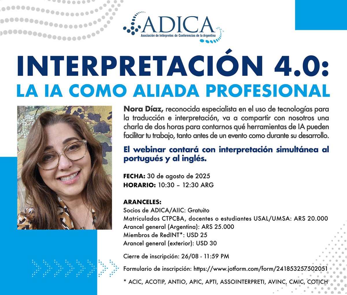 ¿Sos socio/a de la AATI?

Entonces tenés descuento especial en la charla virtual organizada por ADICA:
“Interpretación 4.0: la IA como aliada profesional”, a cargo de Nora Díaz.

📌 Inscripción: jotform.com/241853257502051