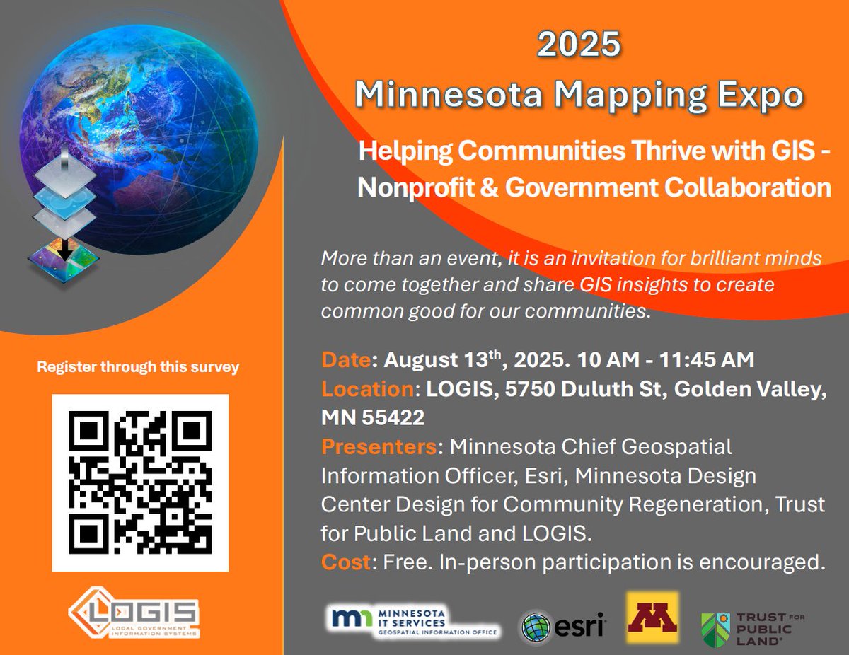 Last day to RSVP!
Mark your calendars for August 13th, 2025 – LOGIS hosting the #Minnesota mapping expo. This FREE event focuses on collaboration within the Nonprofit and government communities. 

Register today!
survey123.arcgis.com/share/f8be6e59…