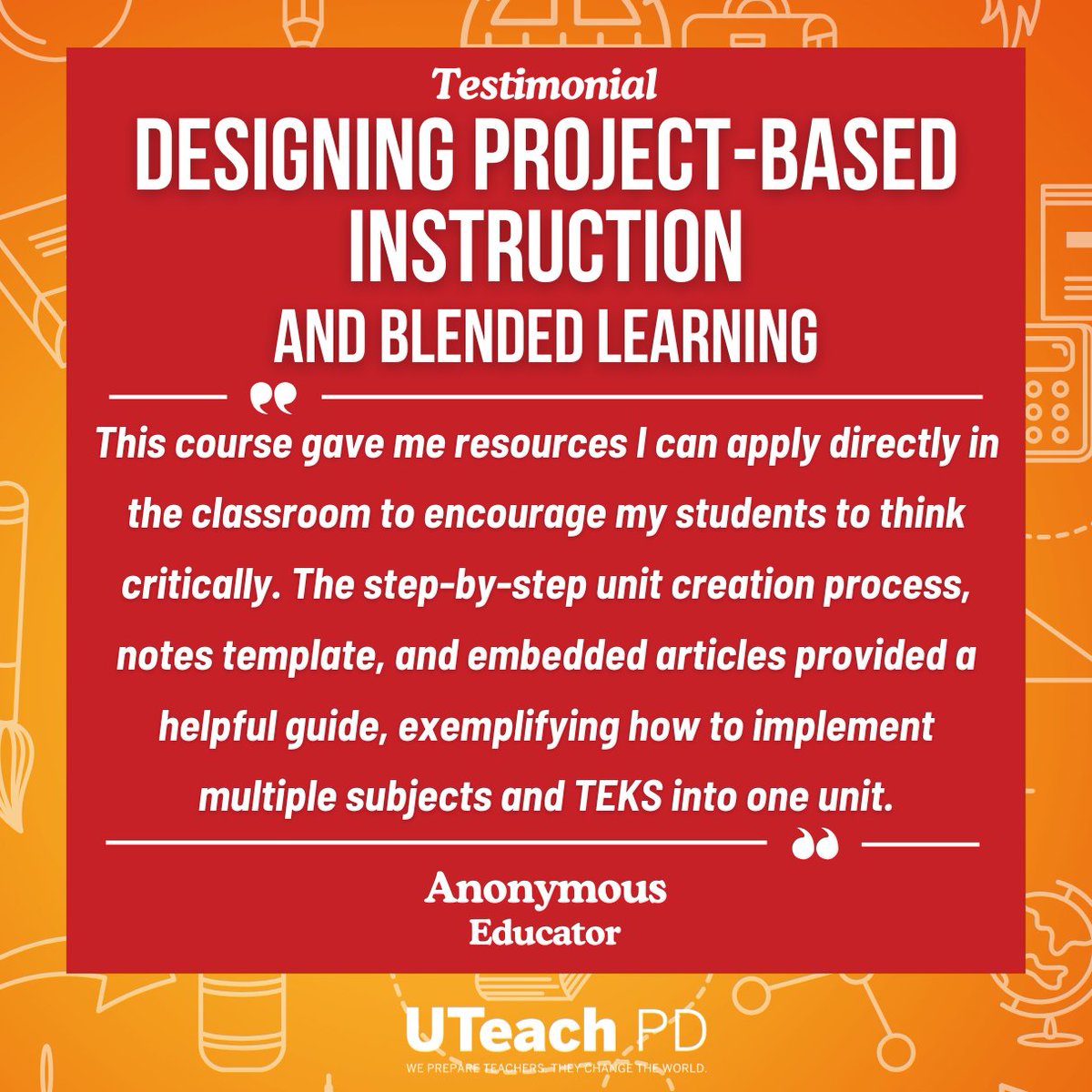 ✨ Participant Testimonial ✨

Teachers love how our Designing Project-Based Instruction sparks creativity, strengthens blended learning strategies, AND makes TEKS-aligned units come alive! ✨ #UTeachPD #BlendedLearning

Get inspired 👉 bit.ly/UTeachPD-DPBI