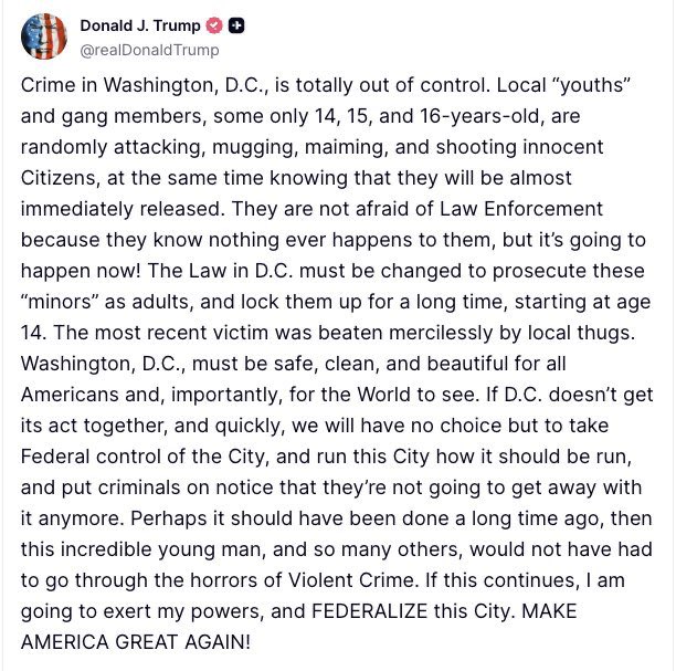 A few days ago, a gang of about a dozen young men tried to assault a woman in her car at night in DC. 

A @Doge team member saw what was happening, ran to defend her and was severely beaten to the point of concussion, but he saved her.

It is time to federalize DC.