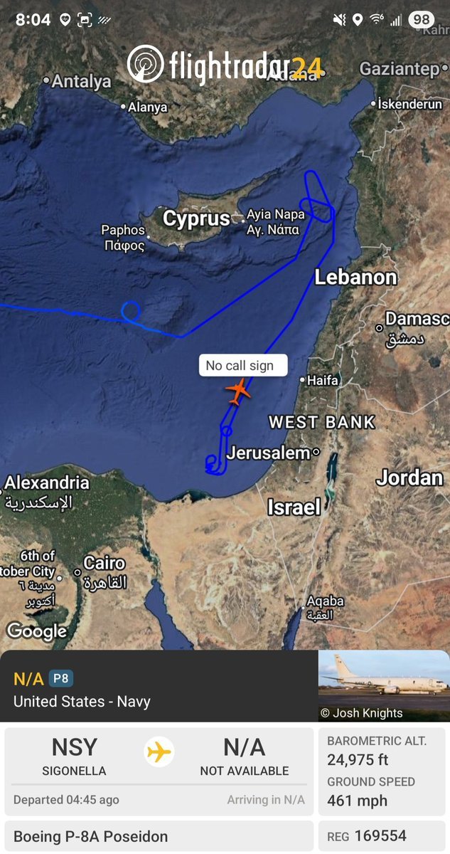 Borrowed7Time's tweet photo. US Navy P-8A Poseidon 169554 #AE5F43 out of NAS Sigonella, operating over the E Mediterranean.
@sipjack1776 @LebanonJets @Dinlas3 https://t.co/yVUoa0ihhx