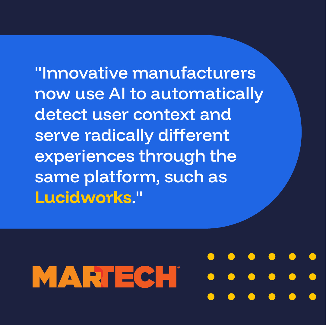 Lucidworks (@lucidworks) on Twitter photo B2B buyers don't browse ➡️ they typically search with precision. 🎯
As @MarTech recently covered, B2B companies use AI to automatically detect user context using the same platform, but radically different experiences. That's #precisionCX.
Full article: okt.to/b9VIud B2B buyers don't browse ➡️ they typically search with precision. 🎯
As @MarTech recently covered, B2B companies use AI to automatically detect user context using the same platform, but radically different experiences. That's #precisionCX.
Full article: okt.to/b9VIud