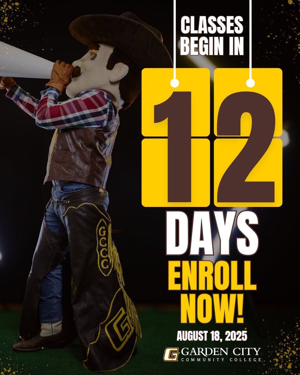 GCCCBroncbuster's tweet image. 💥 1️⃣2️⃣ DAYS! Let’s go, future Busters! College is calling—are you ready to answer?

🗓️ First day of class: August 18
✅ Apply now: ow.ly/7G5850WvokW
📩 Questions? admission@gcccks.edu | 620-276-7611

#FallStart #GCCC2025 #CollegeGoals