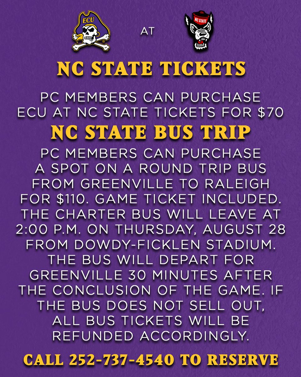 Seats are still available for the bus trip to NC State!🚍Please contact us at 252-737-4540 to book your spot.