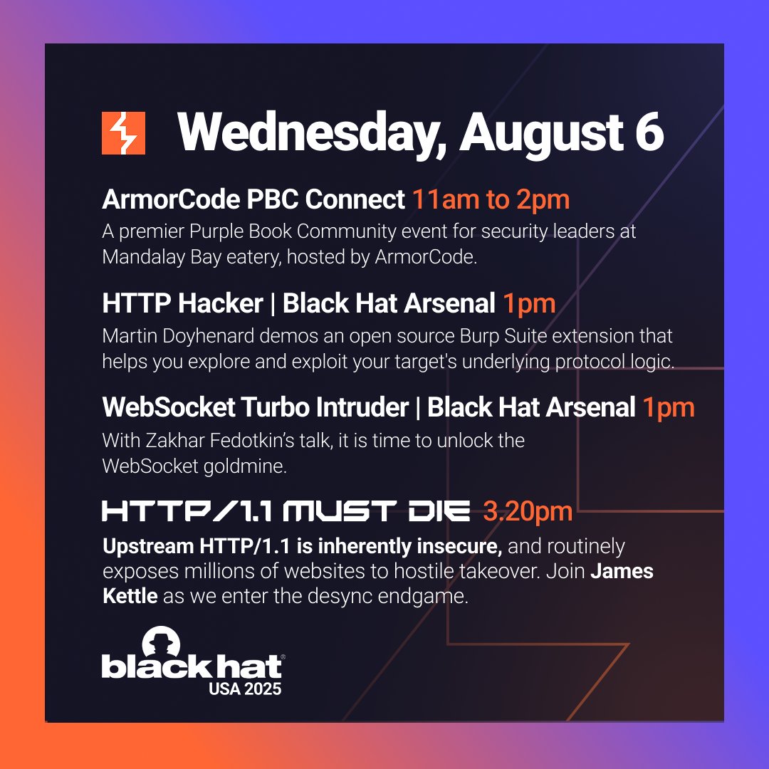 Burp Suite (@burp_suite) on Twitter photo Today at #BlackHatUSA - three major new releases from <a href="/PortSwiggerRes/">PortSwigger Research</a>
1pm - 'HTTP Hacker' at Black Hat Arsenal with <a href="/tincho_508/">Martin Doyhenard</a>
1pm - 'WebSocket Turbo Intruder' at Black Hat Arsenal with <a href="/zakfedotkin/">d4d</a>
3.20m - 'HTTP/1.1 Must Die! The Desync Endgame' at Black Hat USA with Today at #BlackHatUSA - three major new releases from <a href="/PortSwiggerRes/">PortSwigger Research</a>
1pm - 'HTTP Hacker' at Black Hat Arsenal with <a href="/tincho_508/">Martin Doyhenard</a>
1pm - 'WebSocket Turbo Intruder' at Black Hat Arsenal with <a href="/zakfedotkin/">d4d</a>
3.20m - 'HTTP/1.1 Must Die! The Desync Endgame' at Black Hat USA with
