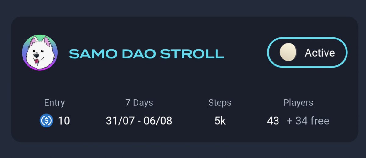 Hey <a href="/samoyedcoin/">SAMO</a> Famo!
Today we’re wrapping up another <a href="/Samo_DAO/">SamoDAO ︱℠⋑∧⊙︱</a> game on the <a href="/moonwalkfitness/">Moonwalk Fitness 🌓👟</a> app. 
Congrats to all participants! 
It’s great to see our community growing. Don’t wait—sign up now! The next game kicks off on August 12. Stay tuned! 💪
app.moonwalk.fit/community/0540…