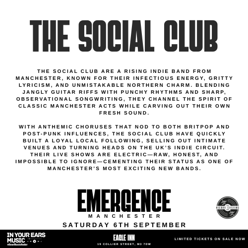 📡 In Your Ears Music 📡 (@inyourearsmusic) on Twitter photo The Social Club live at Emergence 6th September.
<a href="/SocialClubBand/">The Social Club</a> are a rising indie band from Manchester, known for their infectious energy, gritty lyricism, and unmistakable Northern charm.
Tickets: fatso.ma/092e
<a href="/RecordCitizens/">Record Citizens</a> The Social Club live at Emergence 6th September.
<a href="/SocialClubBand/">The Social Club</a> are a rising indie band from Manchester, known for their infectious energy, gritty lyricism, and unmistakable Northern charm.
Tickets: fatso.ma/092e
<a href="/RecordCitizens/">Record Citizens</a>