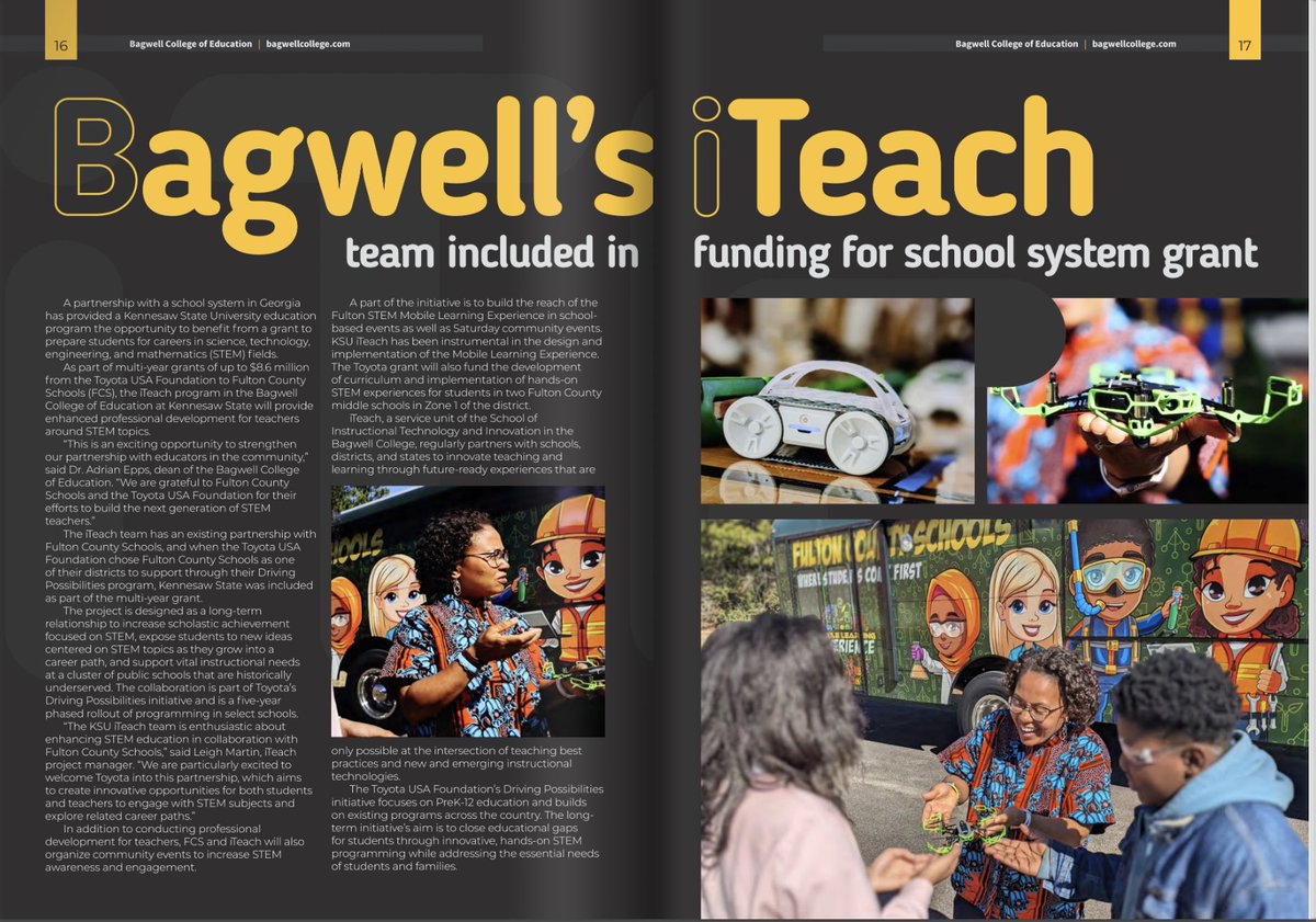 STEMsally's tweet image. Honored to team up with my alma mater, @KSU_BagwellEd and their iTeach team, to bring @FTWRobotics Hopper drones to Fulton County Schools! Thanks to a $8.6M @ToyotaUSA Foundation grant. Huge thanks to Nicole Ford for leading the charge! Read more: lnkd.in/e4mrVNqc  #STEM