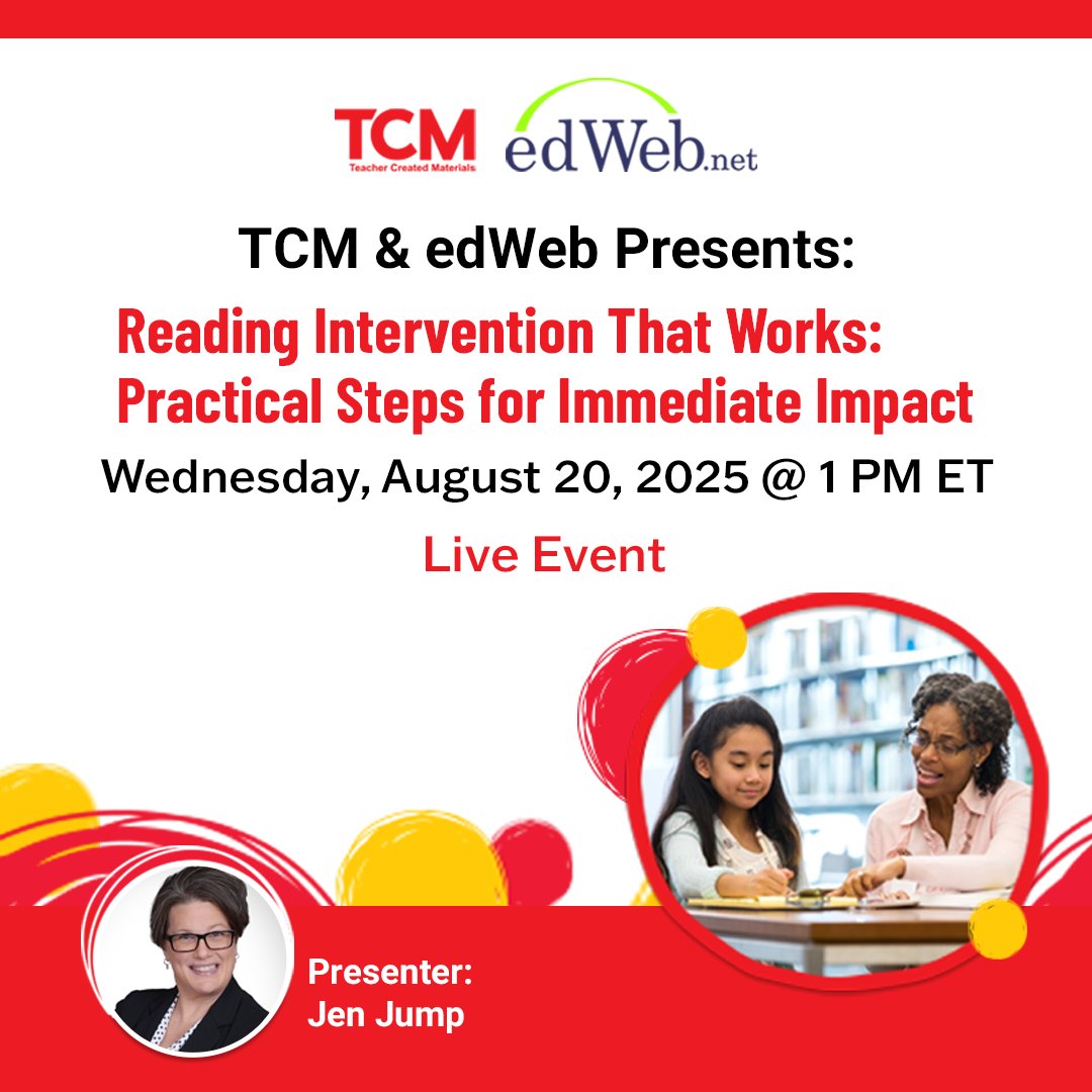 tcmpub's tweet image. FREE, live webinar: Reading Intervention That Works: Practical Steps for Immediate Impact 👉 hubs.ly/Q03zYlPM0

📅 Wednesday, August 20, 2025
⏰ 1:00 PM - 2:00 PM EDT

@edwebnet   #edweb #intervention #reading #readingintervention #elementaryteacher #edchat