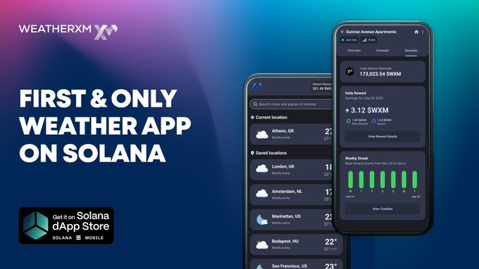 WeatherXM 应用界面展示 Solana 上的天气数据