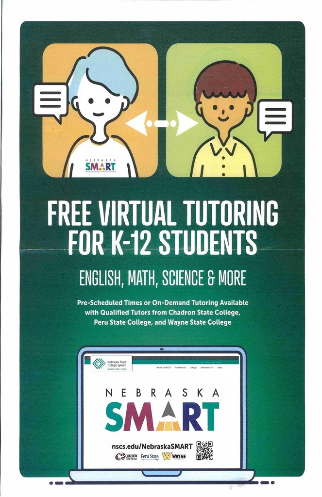 Parents: as we launch into the new year, please be aware of a great resource for students. The Nebraska State College System offers FREE tutoring to K-12 students . See the attached flyer for the website address OR QR code to connect you to information about their program!