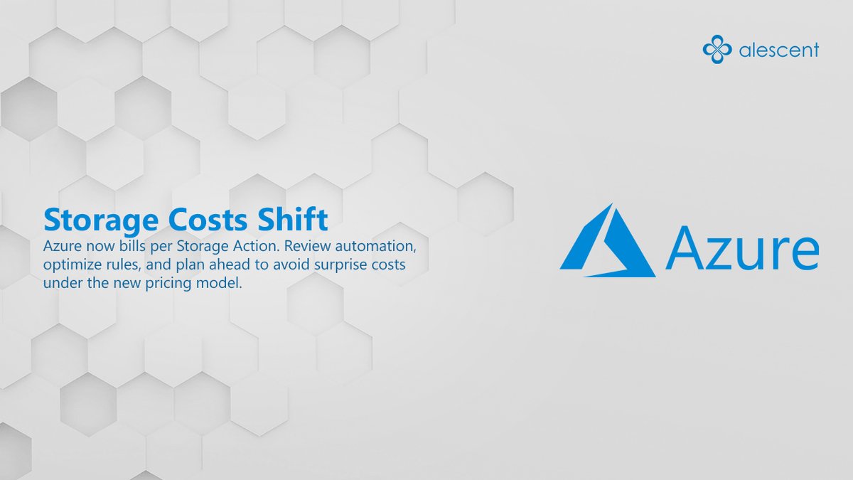 Alescent's tweet image. Azure Storage Actions now billed per use—frequent automation could mean higher costs. Review, optimize, and plan ahead.  👉 azure.microsoft.com/en-us/pricing/…

#Azure #CloudComputing #AzureStorage #CloudCostOptimization #MicrosoftAzure