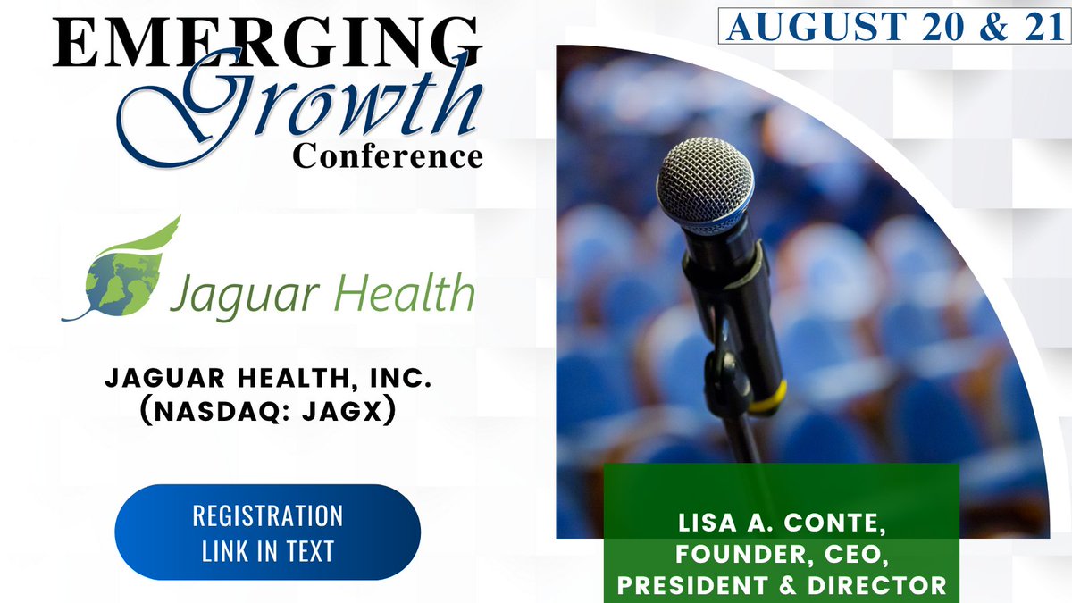 Emerging Growth Conference (@emerginggrowthc) on Twitter photo $JAGX Live Emerging Growth Conference 85 - August 20 & 21
<a href="/Jaguar_Health/">Jaguar Health (NASDAQ: JAGX)</a>
Register:
goto.webcasts.com/starthere.jsp?…
Questions for the Company? Questions@EmergingGrowth.com
To Present:
305-330-1985
Conference@EmergingGrowth.com $JAGX Live Emerging Growth Conference 85 - August 20 & 21
<a href="/Jaguar_Health/">Jaguar Health (NASDAQ: JAGX)</a>
Register:
goto.webcasts.com/starthere.jsp?…
Questions for the Company? Questions@EmergingGrowth.com
To Present:
305-330-1985
Conference@EmergingGrowth.com