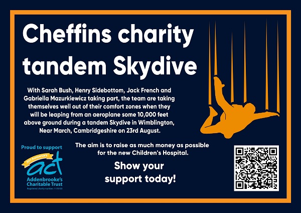 CheffinsMachine's tweet image. A team from Cheffins is taking the plunge - quite literally - by jumping out of an aeroplane at 10,000 ft, to help raise funds for the new Children’s Hospital in Cambridge through @ACTcharity 
#charity #cheffins200 #Donations
