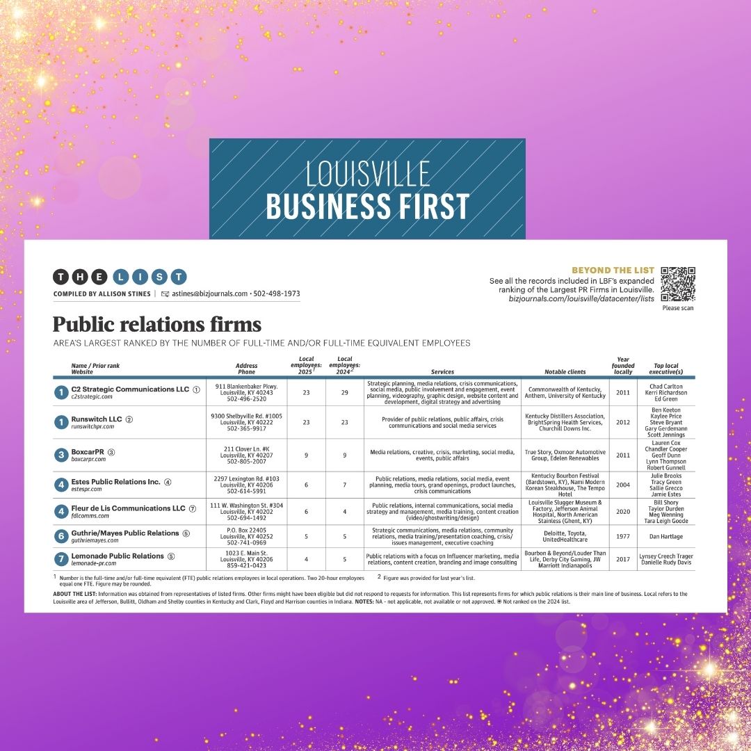 Proud to once again be on Louisville Business First's list of largest PR firms!