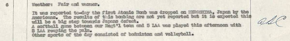 The 1st Hussars War Diaries mentioning the atomic bombing of #Hiroshima on this day in 1945.
#HiroshimaPeaceMemorialDay