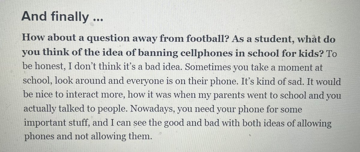 Nothing to do with football, but was interesting to hear N. Allegheny's Lincoln Hoke's answer when I asked him, for the heck of it, about idea of banning cell phones in school. This from today's Blue Chip Chat: