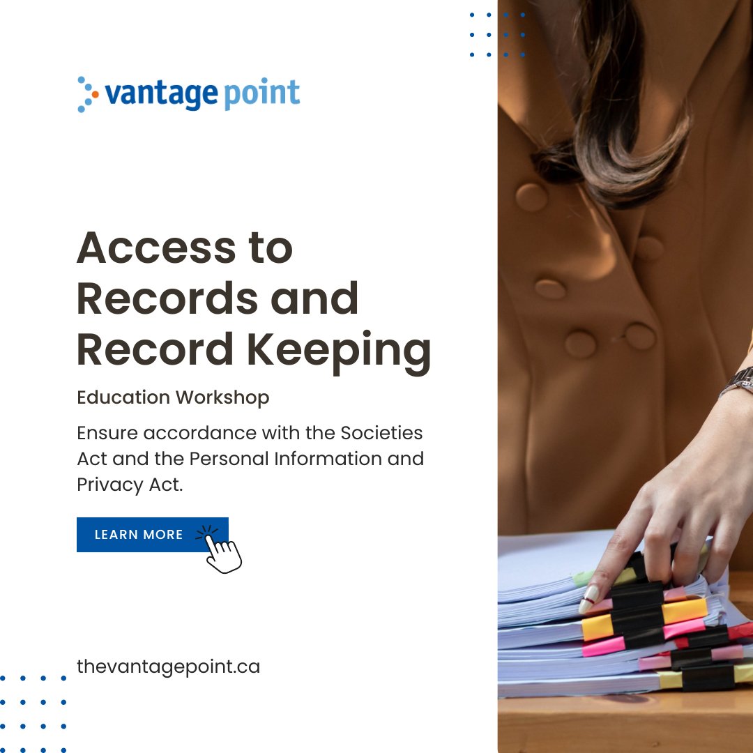 ⚠️ Is your non-profit compliant with the Societies Act &amp; Privacy laws? 

Join Martha Rans in Access to Records and Record Keeping on October 7 to get the tools and knowledge you need to keep your records in check.

ow.ly/ls0Z50WrBlx