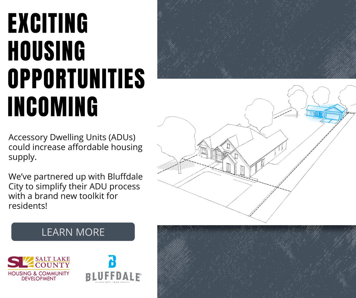 Thinking about adding an ADU to your Bluffdale property? 🏡 

The ADU Toolkit is still available to help you navigate zoning, design, and more—making it easier to create flexible housing options.

Explore the toolkit: bluffdale.gov/883/ADU-Toolkit

#AffordableHousing #ADU #SmartGrowth