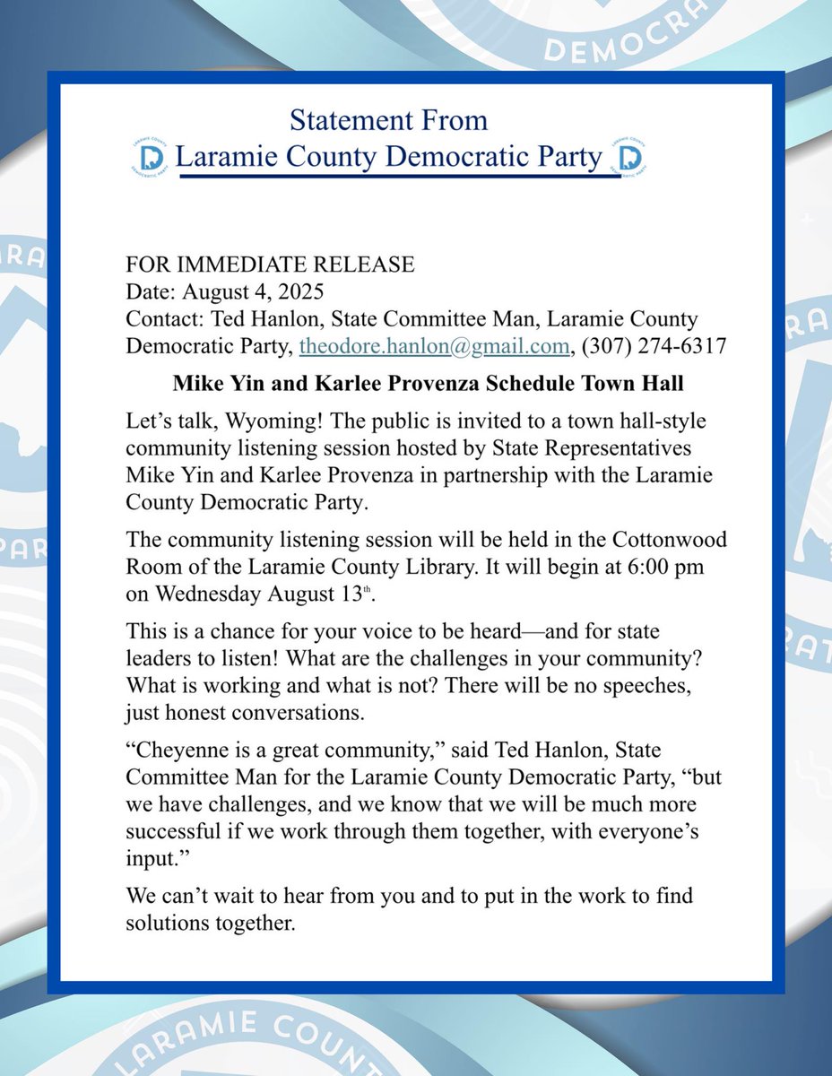 Rep. Provenza &amp; Minority Leader Yin are teaming up w/ Laramie County Democratic Party to host a real conversation about housing, education, public lands, healthcare, &amp; any local problems that need to be addressed.  

Grab a friend &amp; make sure you're part of the conversation!
