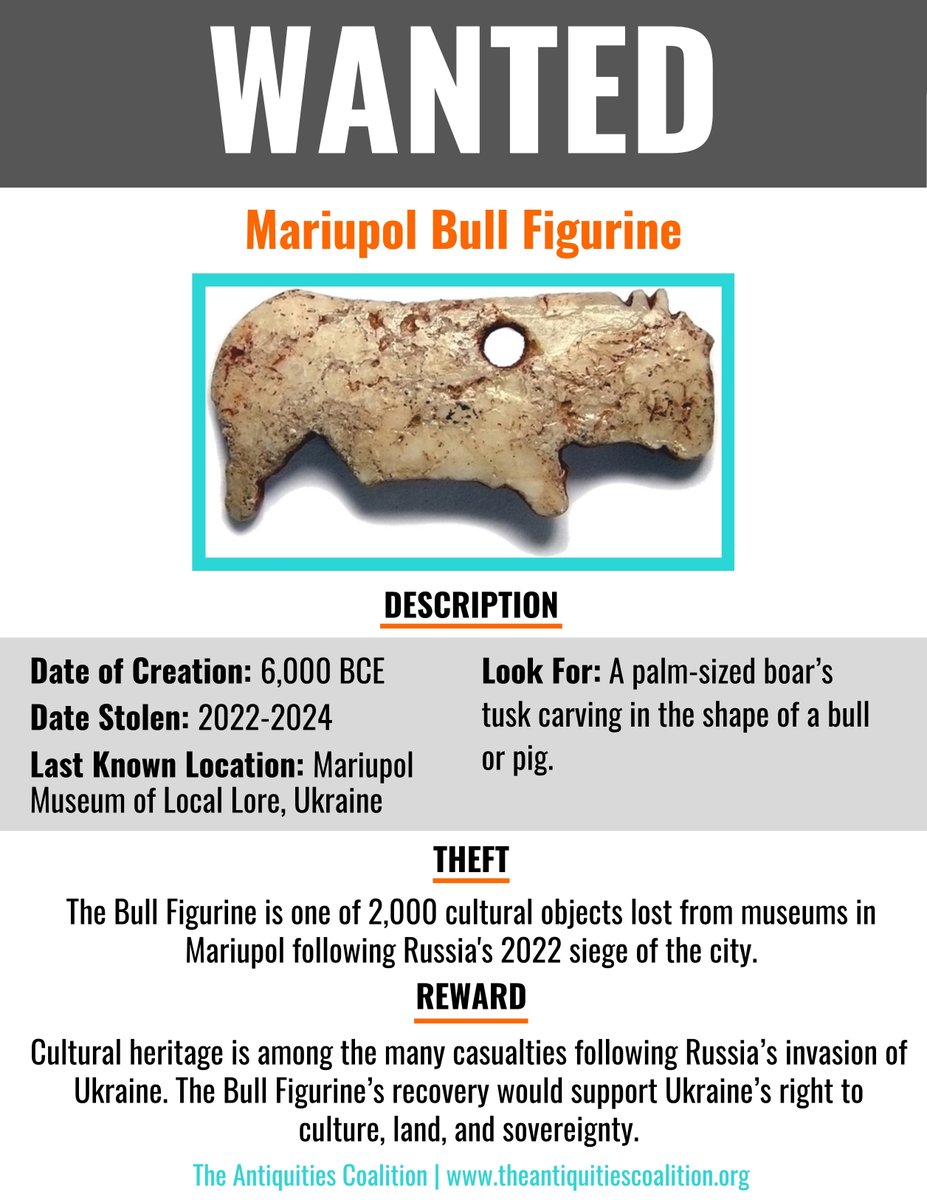 🚨 New addition to our Ten Most Wanted Antiquities: The “Mariupol Bull Figurine,” one of more than 2,000 museum pieces that disappeared amid the chaos of Russia’s 2022 siege of Mariupol and the Kremlin’s broader campaign of cultural plunder.

Learn more: theantiquitiescoalition.org/antiquities-co…