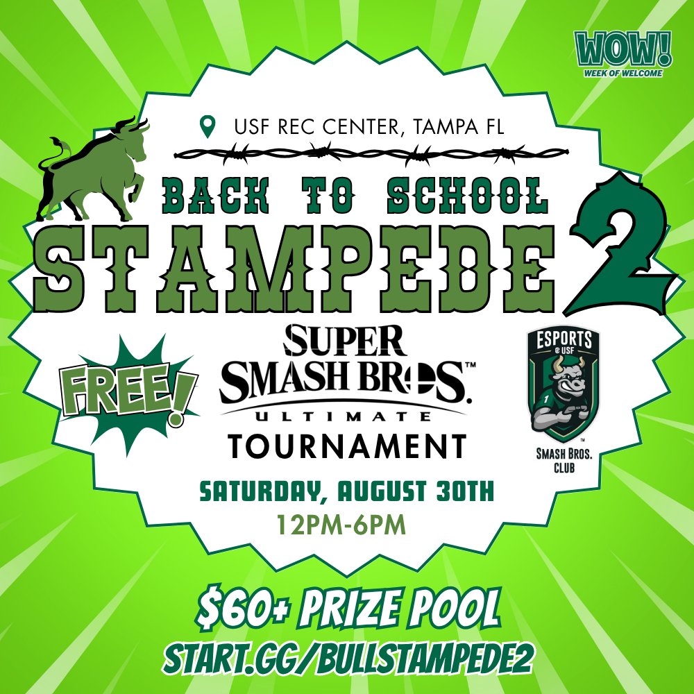Supernova was a blast but the grind never stops!

USF Back to School Stampede 2
🗓️ Saturday, August 30th
🕐 Venue opens at 12pm
🆚 Bracket starts at 1pm
🆓 entry
💰 $60+ prize pool!
🤝 Students and non-students welcome!

Signups close Wednesday 12am! start.gg/bullstampede2