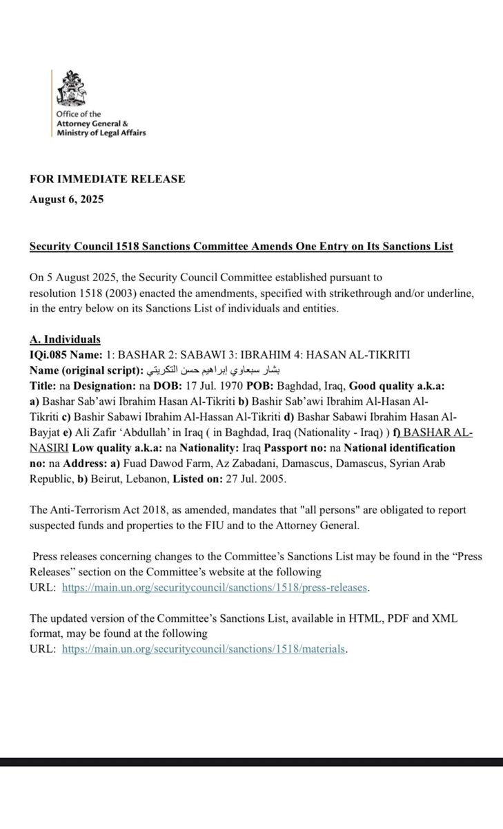 The UN Security Council 1518 Committee has amended one entry on its Sanctions List.
All persons and entities in The Bahamas must report any suspected funds or assets linked to sanctioned individuals to the Financial Intelligence Unit and the Office of the Attorney General.