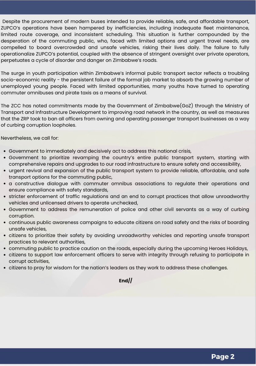 🚨Pastoral Statement Alert!! 

Today, ZCC released a Pastoral Statement expressing deep concern over the continued loss of lives on our roads. While we continue to pray,  we call for urgent action to address systemic issues like unroadworthy vehicles, reckless driving, and poor
