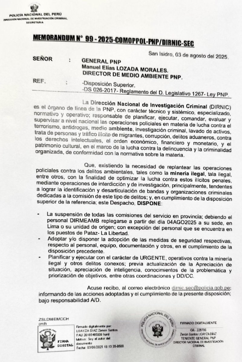 OjoPúblico (@ojo_publico) on Twitter photo #Urgente 🚨 La Dirección Nacional de Investigación Criminal de <a href="/PoliciaPeru/">Policía Nacional del Perú</a> suspendió desde el 4 de agosto las operaciones contra #mineríailegal y #talailegal desarrolladas por su Dirección de Medio Ambiente, salvo en #Pataz, y ordenó que los efectivos regresen a sus unidades.🧵 #Urgente 🚨 La Dirección Nacional de Investigación Criminal de <a href="/PoliciaPeru/">Policía Nacional del Perú</a> suspendió desde el 4 de agosto las operaciones contra #mineríailegal y #talailegal desarrolladas por su Dirección de Medio Ambiente, salvo en #Pataz, y ordenó que los efectivos regresen a sus unidades.🧵