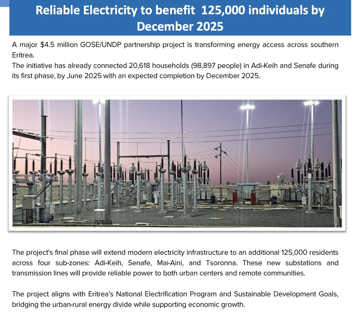 Ghideon Musa (@ghideonmusa) on Twitter photo A significant <a href="/UNDPEritrea/">UNDP Eritrea</a> partnership is revolutionising energy access in the Debub Region, connecting over 20,000 households in Adi Keyh and Senafe, with the next phase set to extend modern electricity infrastructure to more than 125,000 residents across Adi Keyh, Senafe, A significant <a href="/UNDPEritrea/">UNDP Eritrea</a> partnership is revolutionising energy access in the Debub Region, connecting over 20,000 households in Adi Keyh and Senafe, with the next phase set to extend modern electricity infrastructure to more than 125,000 residents across Adi Keyh, Senafe,
