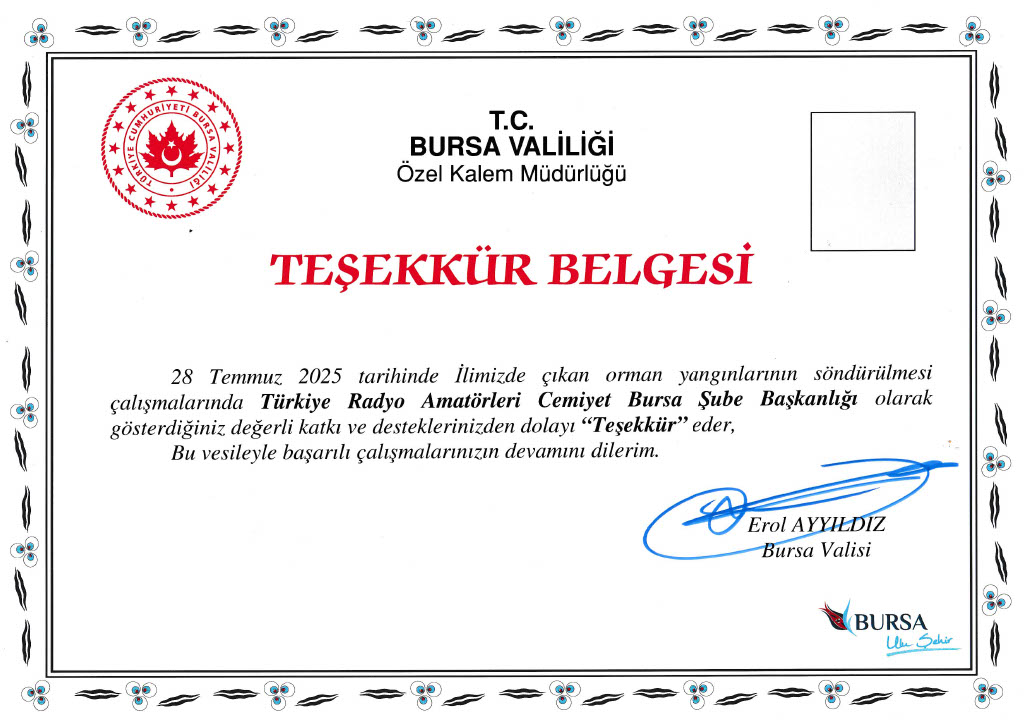 TRAC Bursa Şubesi (@tracbursa) on Twitter photo İlimizde meydana gelen orman yangınlarında haberleşmenin kesintisiz sağlanması için gönüllü olarak görev almamız dolayısıyla, <a href="/BursaValiligi/">T.C. Bursa Valiliği</a> tarafından takdim edilen Teşekkür Belgesi ile onurlandırıldık.
#TRACBursa #Afetİletişimi #Gönüllülük #TelsizHayatKurtarır #OrmanYangını İlimizde meydana gelen orman yangınlarında haberleşmenin kesintisiz sağlanması için gönüllü olarak görev almamız dolayısıyla, <a href="/BursaValiligi/">T.C. Bursa Valiliği</a> tarafından takdim edilen Teşekkür Belgesi ile onurlandırıldık.
#TRACBursa #Afetİletişimi #Gönüllülük #TelsizHayatKurtarır #OrmanYangını