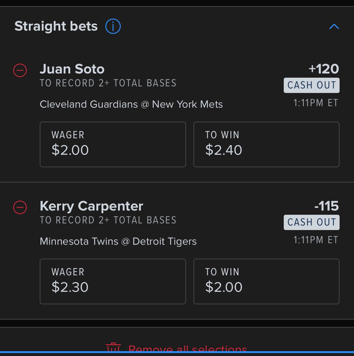 JoeDiLaura's tweet photo. @Dataman422 @KuttBet @Stugotzz27 @InvestInBets12 @DataBased_Bets @McNasty_Sports @COOminion Juan Soto 2+ bases +120 2 wins 2.4u
Kerry carpenter 2+ (-115) 2.3 wins 2.0u https://t.co/YNyDqHEvkT