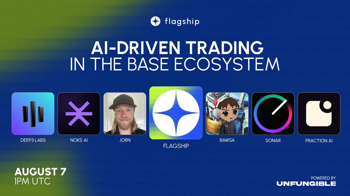AI DRIVEN TRADING IN THE BASE ECOSYSTEM

Join <a href="/JornvanFlagship/">Jorn | CEO Flagship.fyi</a> as we explore AI trading strategies, tools, and platforms that are reshaping DeFAI on <a href="/base/">Base</a> .

📅 07 AUGUST, 1PM UTC / 3PM CEST

Set your reminders below 👇