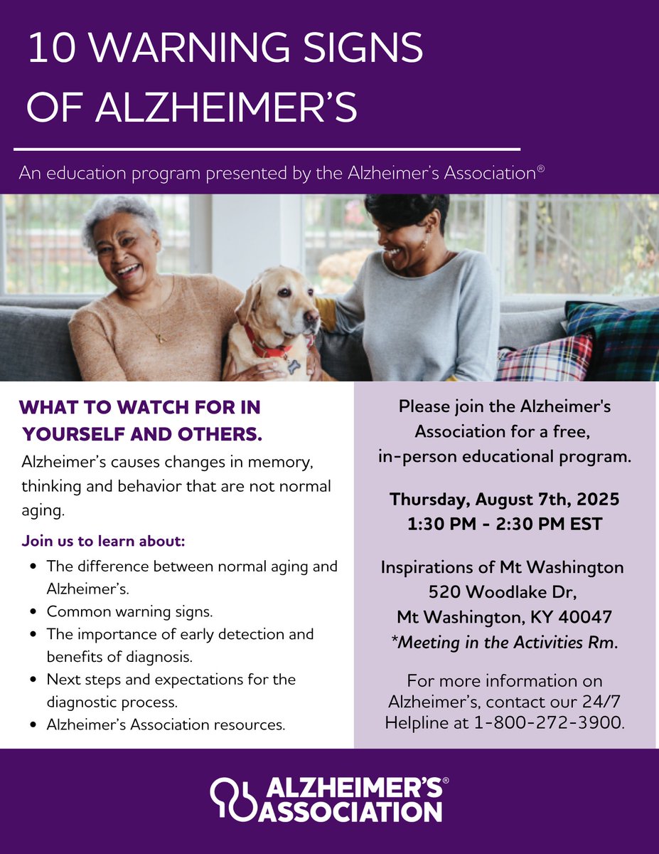 Join us for a free 10 Warning Signs of Alzheimer's education program.

🗓️  When: 1:30 p.m., Thurs., Aug. 7
🏘️ Where: Inspirations of Mt. Washington, 520 Woodlake Dr., 40047
🤳 For more information: Call our 24/7 helpline at 1-800-272-3900