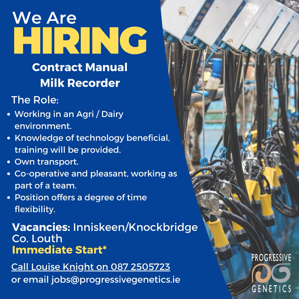 Progressive Genetics (@progressivegen) on Twitter photo Due to continued growth, we are looking to recruit a Contract Manual Milk Recorder in Inniskeen & Knockbridge, Co Louth๐ To apply, call Louise Knight on 087 2505723 or email jobs@progressivegenetics.ie. Due to continued growth, we are looking to recruit a Contract Manual Milk Recorder in Inniskeen & Knockbridge, Co Louth๐ To apply, call Louise Knight on 087 2505723 or email jobs@progressivegenetics.ie.