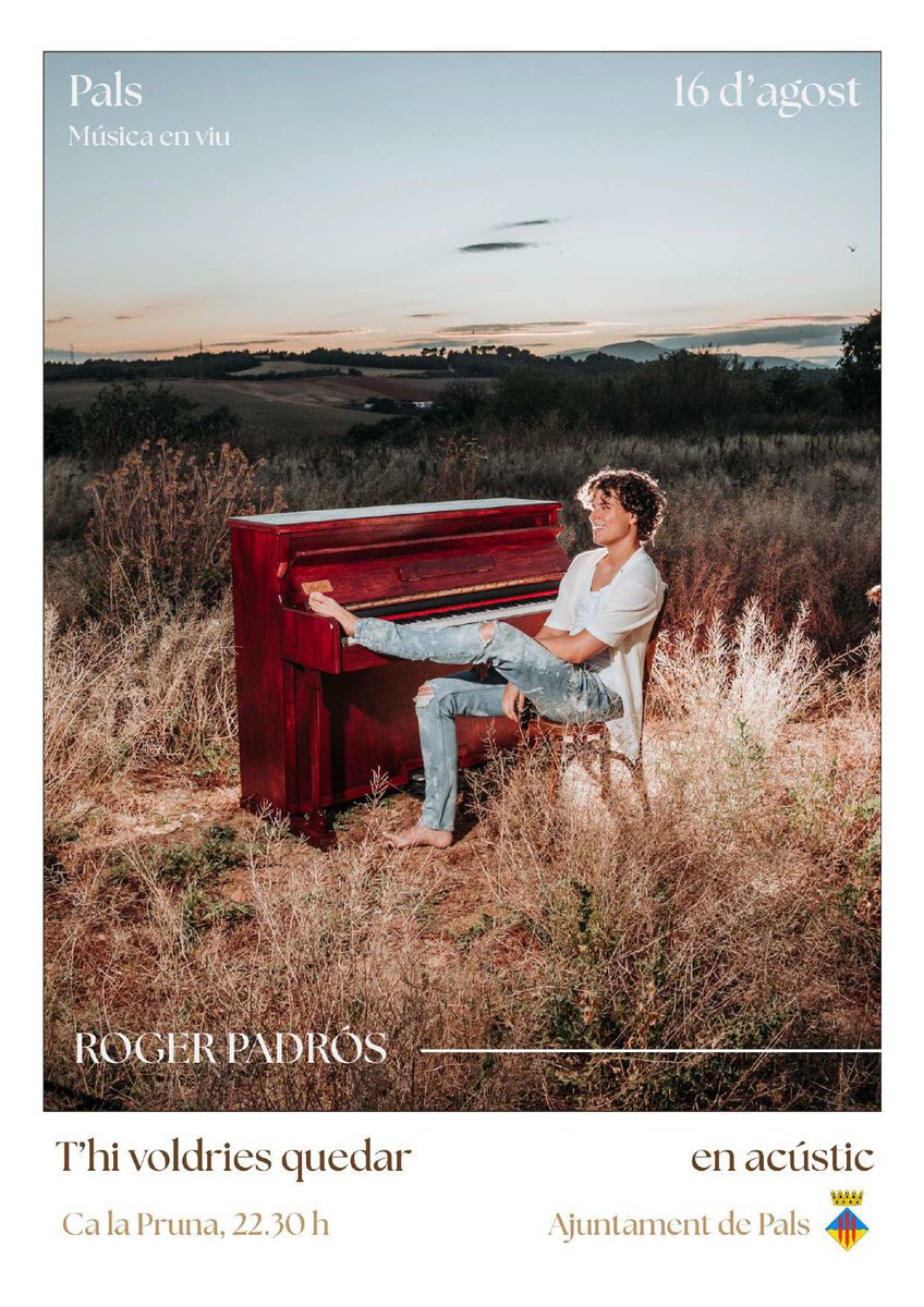 🎶 CONCERT DE ROGER PADRÓS EN ACÚSTIC
Gaudeix de la veu i el talent de Roger PadRós en un concert íntim i emocionant a #Pals!
📅 16 d’agost
🕥 De 22:30 a 23:30 h
📍 Pati de Ca la Pruna
🎟️ Entrada gratuïta

Vine a viure una nit de música en un entorn màgic! ✨